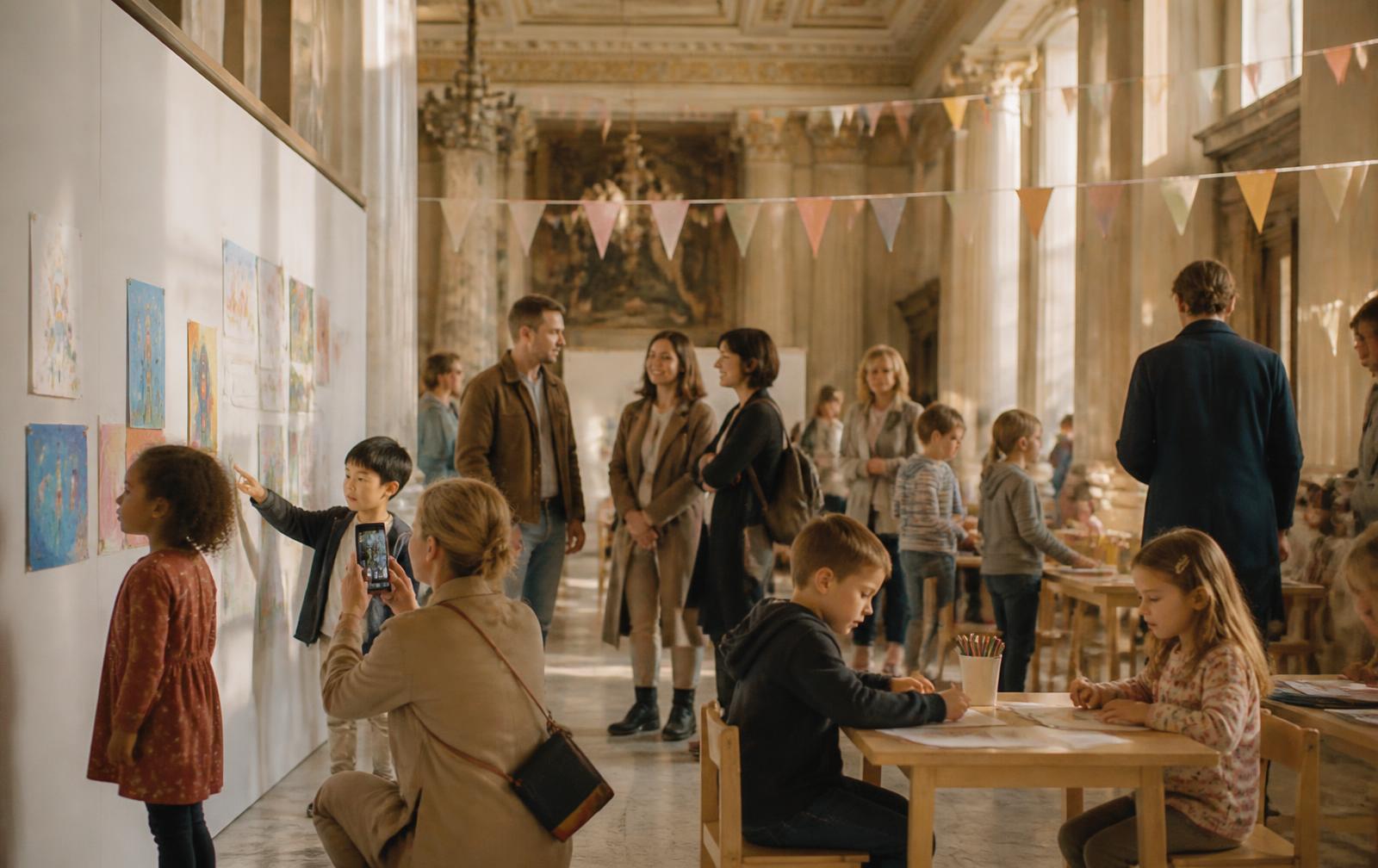 Un eveniment cultural pentru familii în holul unui palat al culturii, cu mese de activități creative și lucrări ale copiilor expuse pe pereți albi
