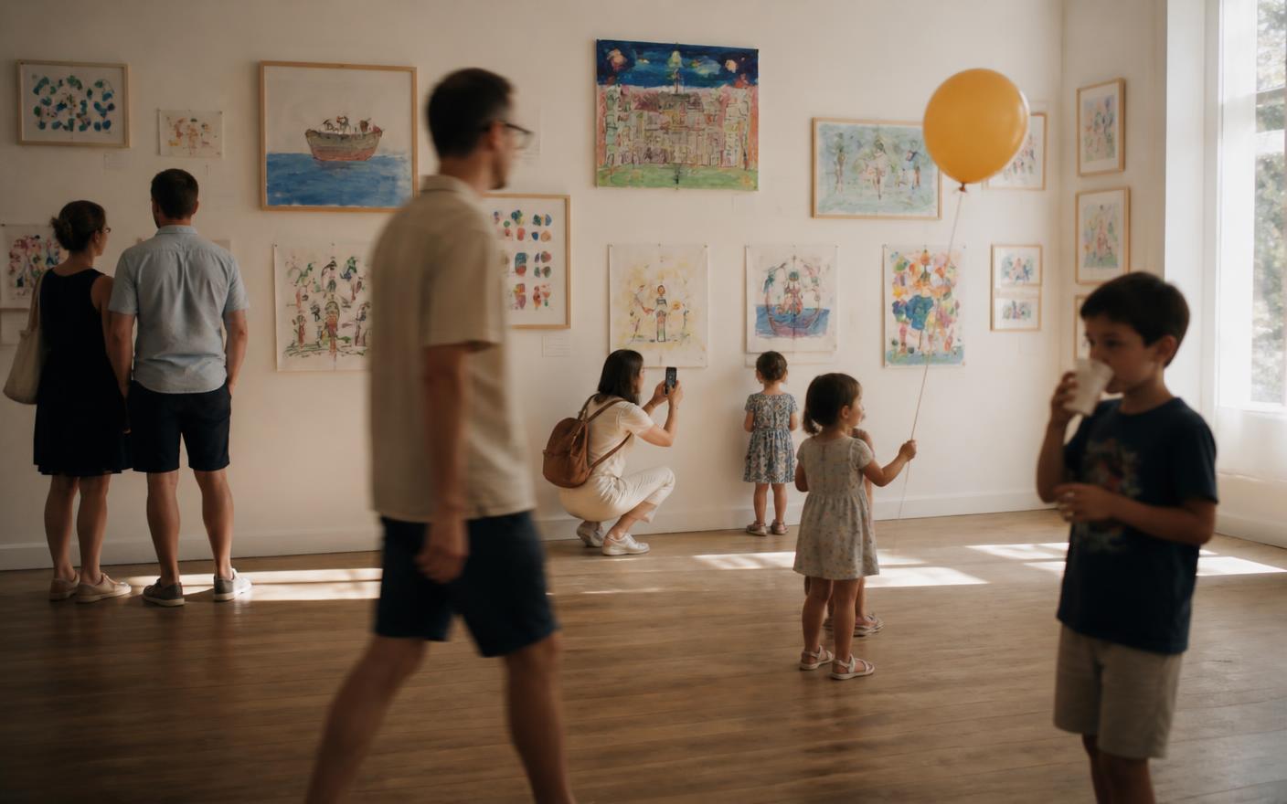 Familii într-o galerie luminoasă: o fetiță cu un balon, un băiat cu limonadă, o mamă care își fotografiază copilul lângă desenul lui