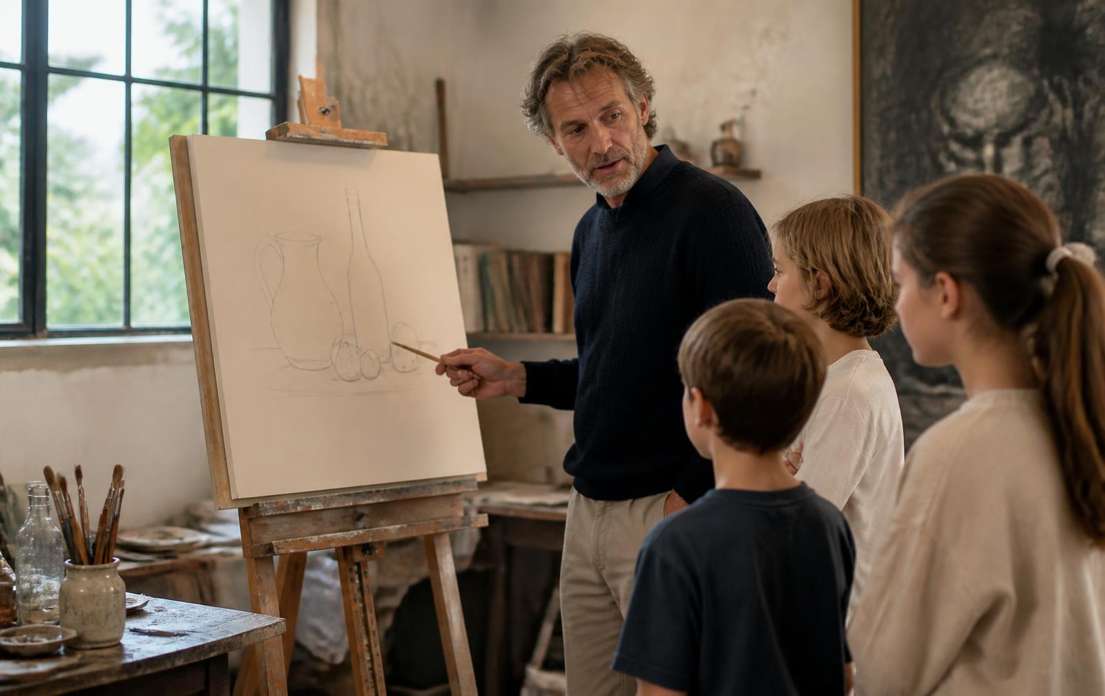 Un artist explică compoziția unei naturi statice schițate pe șevalet unor copii care ascultă