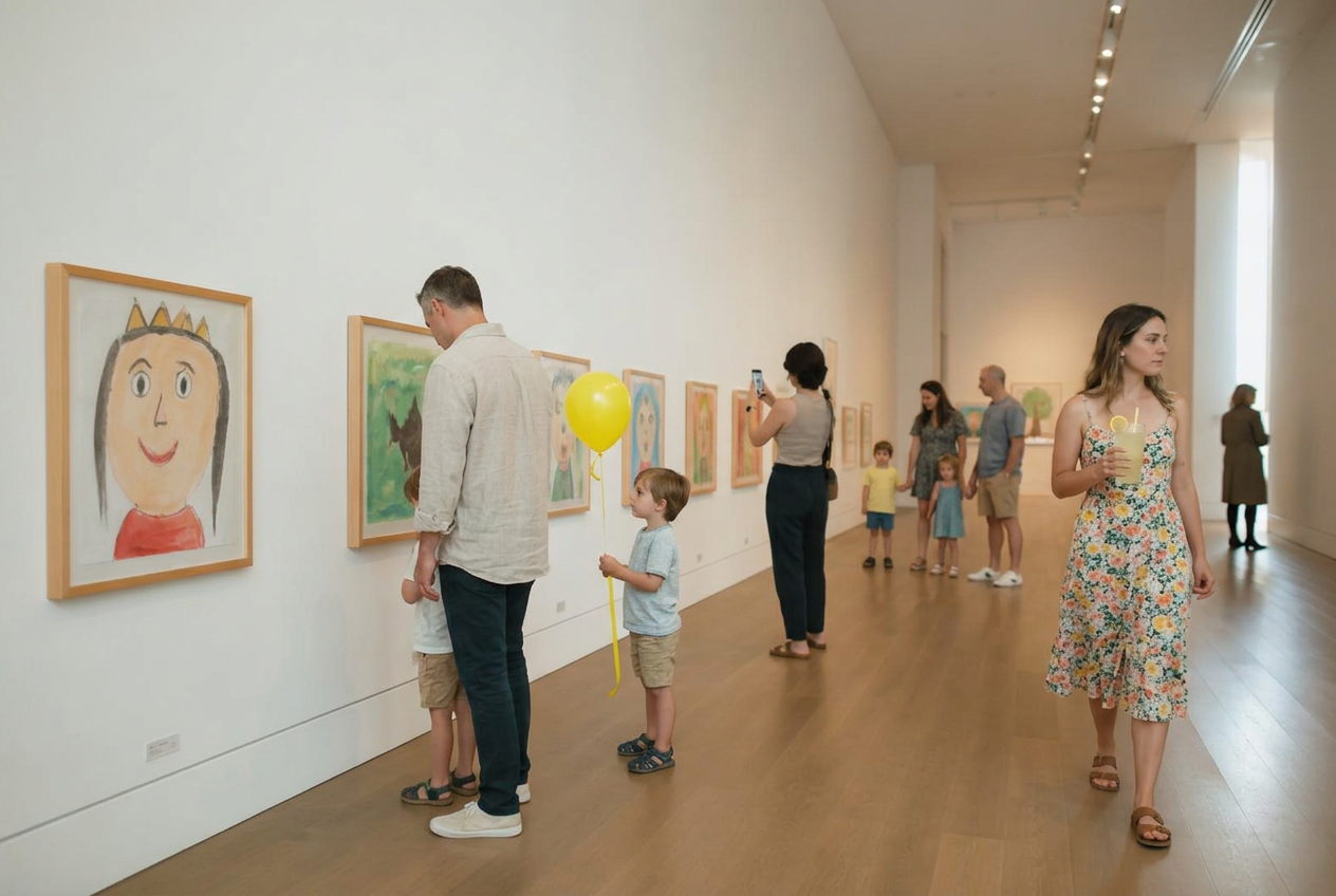 Colecție de lucrări de copii pe un perete alb de galerie, cu vizitatori: părinți cu copii, un copil cu balon, cineva care fotografiază lucrările, cineva cu limonadă