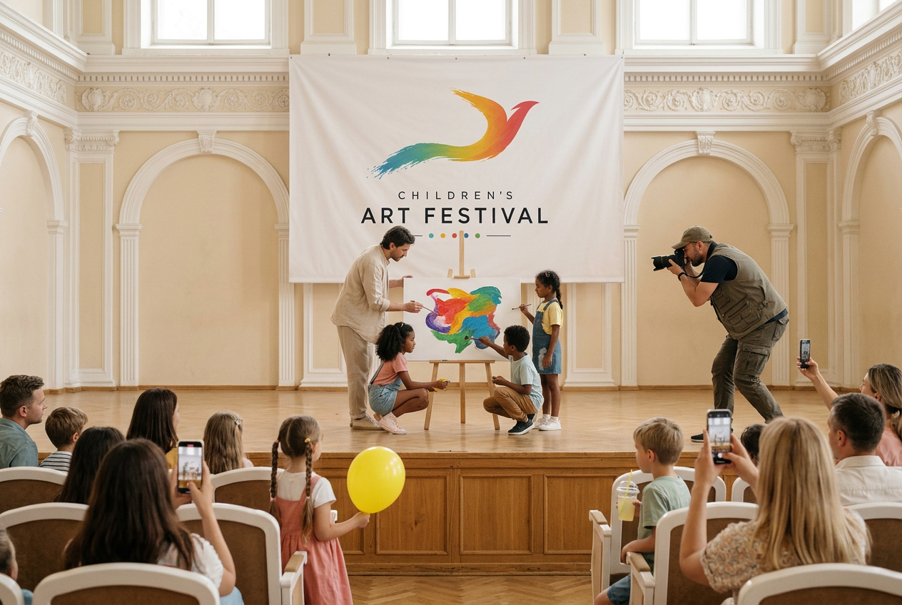 Scenă cu banner al festivalului: un artist și copii pictează pe o pânză albă la șevalet, un fotograf de presă lângă ei, publicul tânăr pe scaune, cu baloane și limonadă