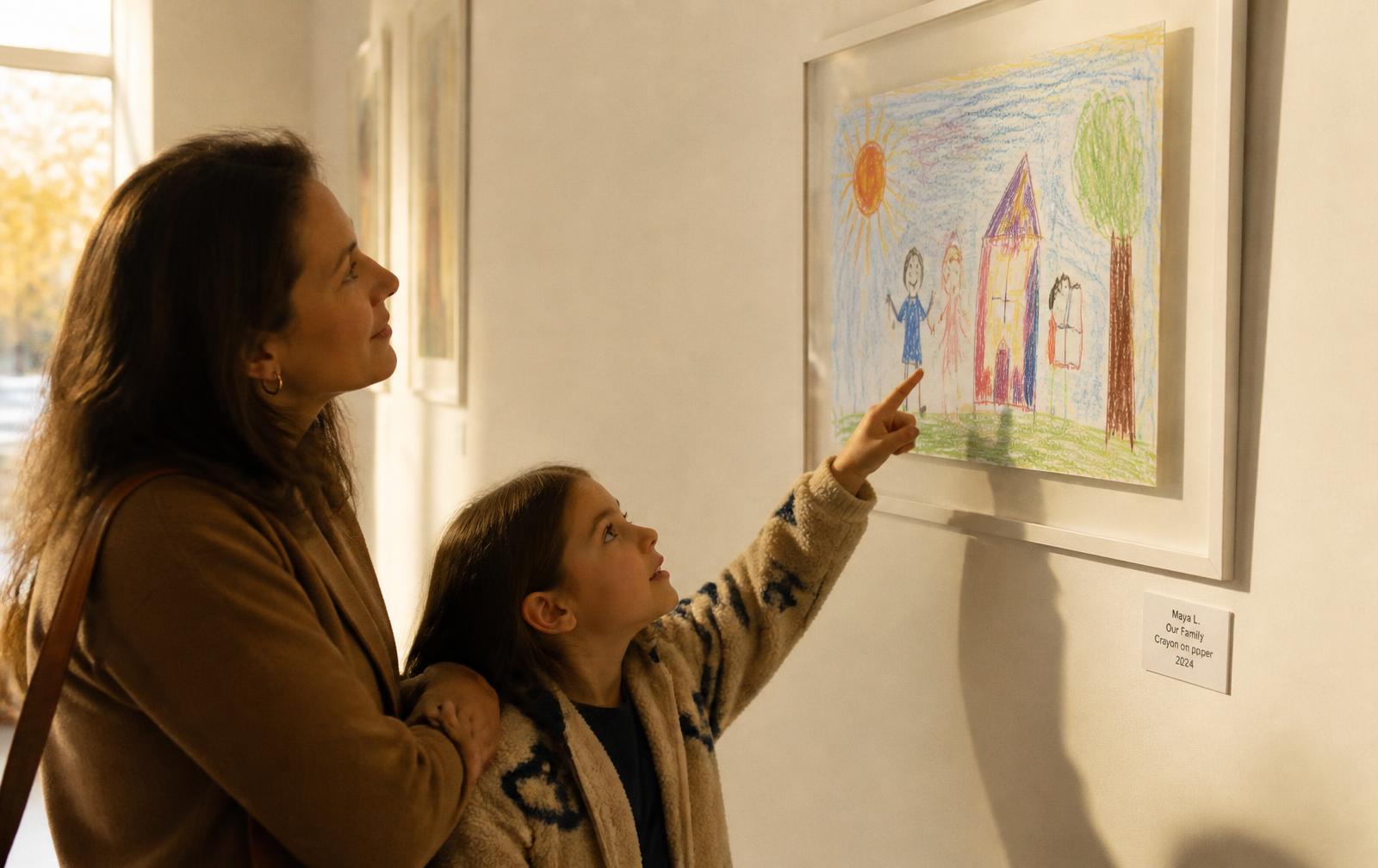 O mamă și fiica ei privesc împreună desenul copilului expus pe un perete de galerie