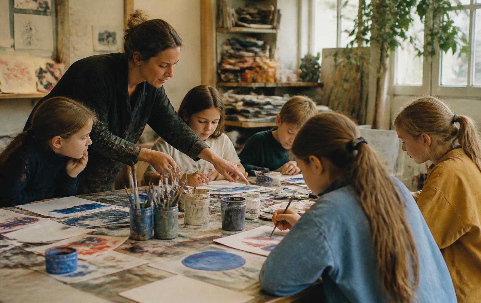 O profesoară de artă lucrează cu mai mulți copii într-un atelier plin de materiale