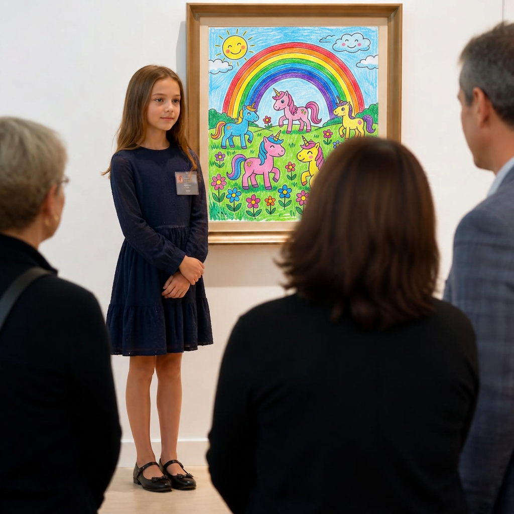 O fetiță lângă desenul ei colorat cu ponei și unicorni, expus pe perete