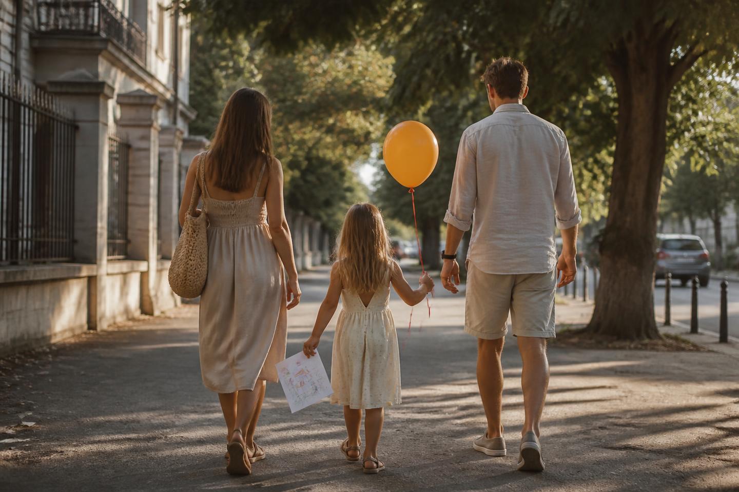 Un părinte, o mamă și copilul lor merg pe o stradă de vară, copilul ține desenul și un balon