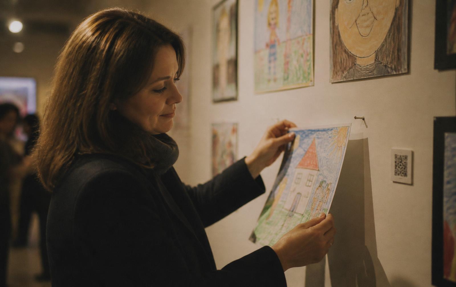 O vizitatoare ia cu grijă desenul unui copil de pe peretele expoziției, lângă un cod QR