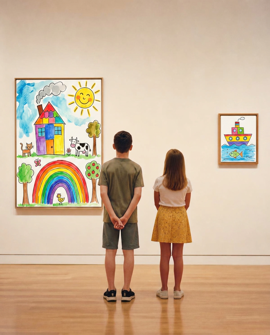 Doi copii privind lucrări de artă într-o sală de expoziție luminoasă