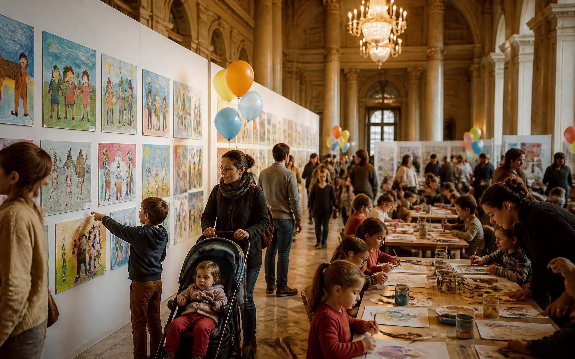 Familii care se plimbă într-o sală a palatului plină de desene ale copiilor, în timp ce copiii pictează la mese lungi